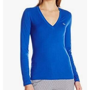 Lacoste Women's Long Sleeve Cotton Jersey V-Neck T-Shirt Steamship Blue 0